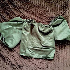 Off the shoulder puff sleeve satin forest green top